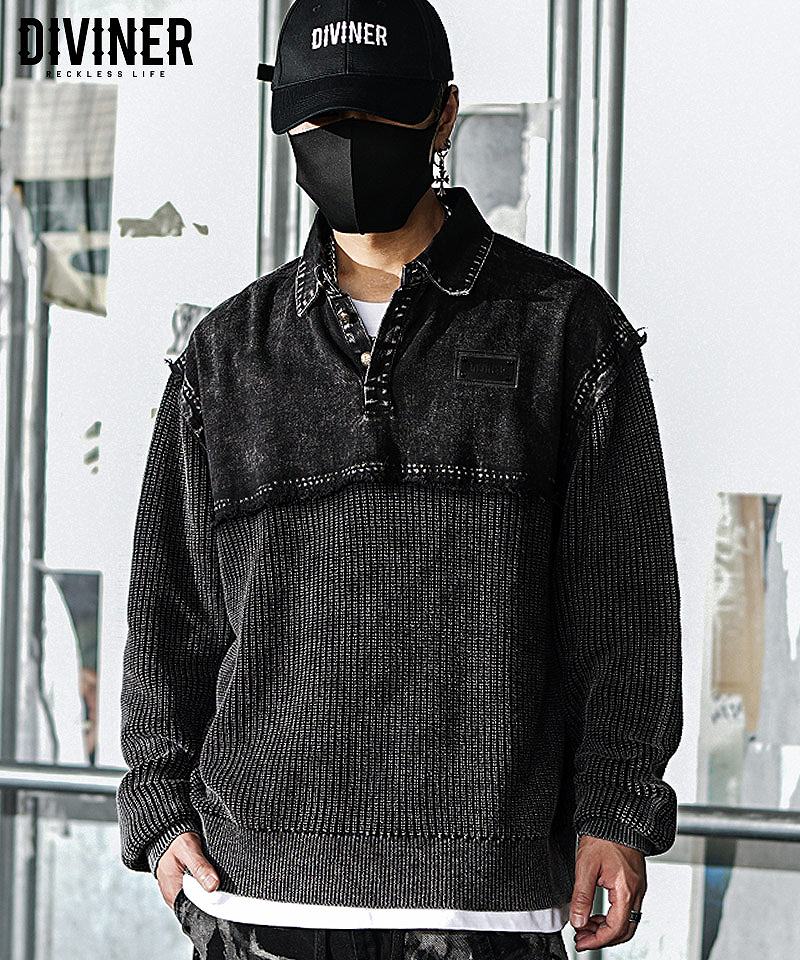 Dirty Switching Knit Polo Shirt(ブラック)