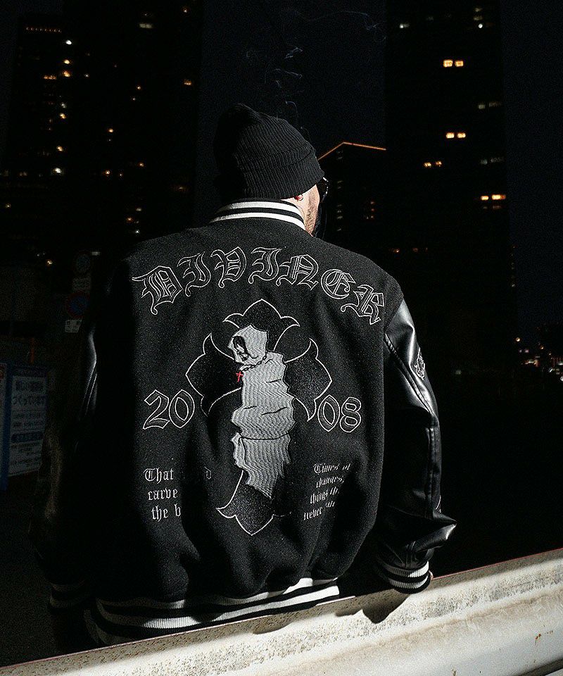 【Lサイズ】DimMoire Gothic ワッペン　ジャケット　Black BLACK LETTER】Grim Reaper Stadium Jacket アウター｜【公式】DIVINER